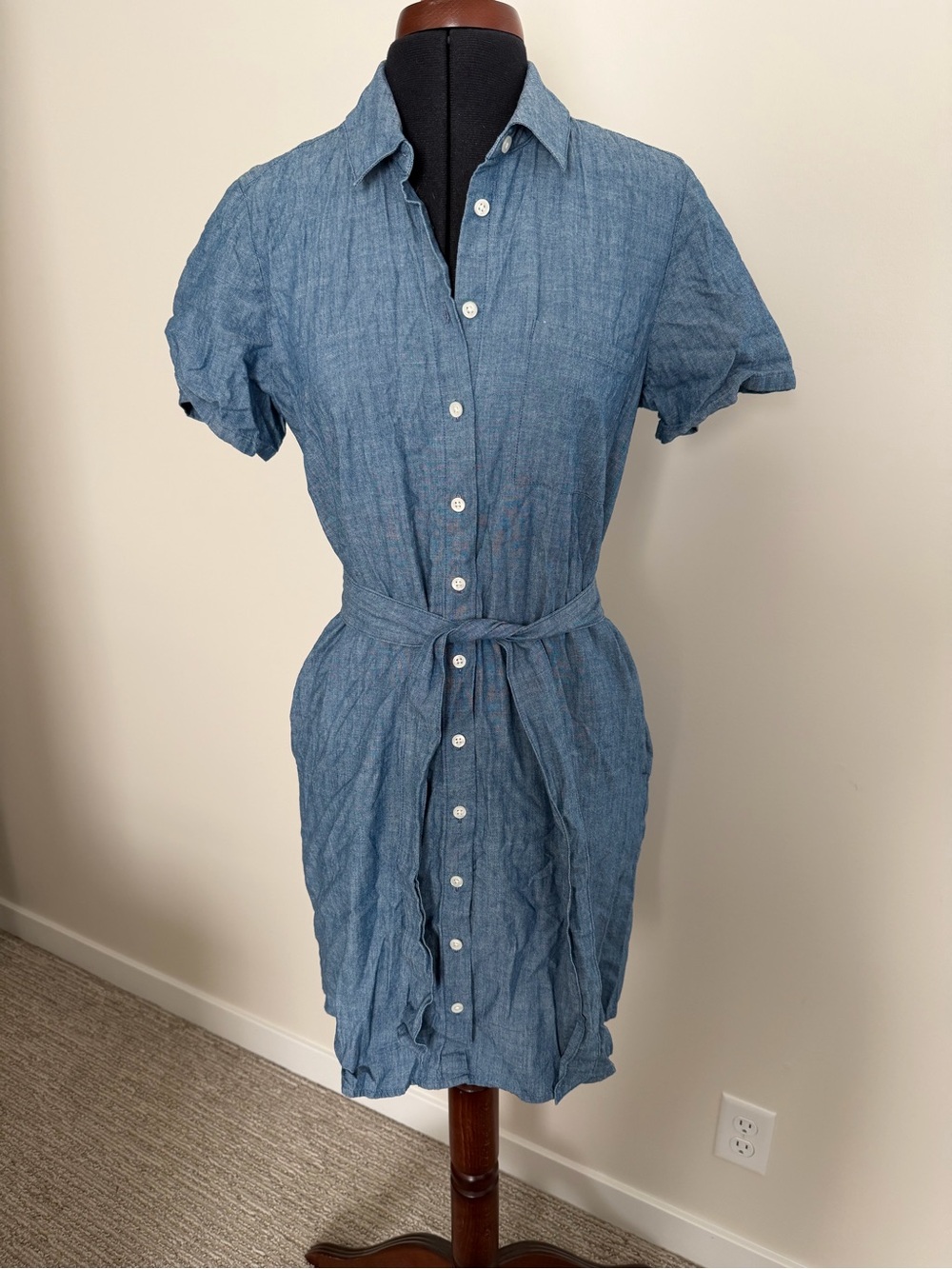 J. Crew Linen Chambray Button-Front Midi Dress in Blue
